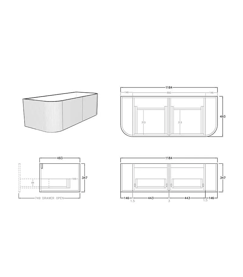 CETO Bronte 1184mm Wall Hung Vanity Cabinet Specification