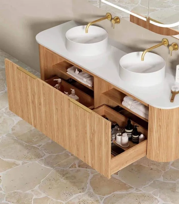 Bondi Woodland Oak 1500mm Double Bowls Plywood Wall Hung Vanity Interior