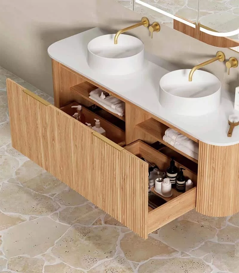 Bondi Woodland Oak 1500mm Double Bowls Plywood Wall Hung Vanity Interior
