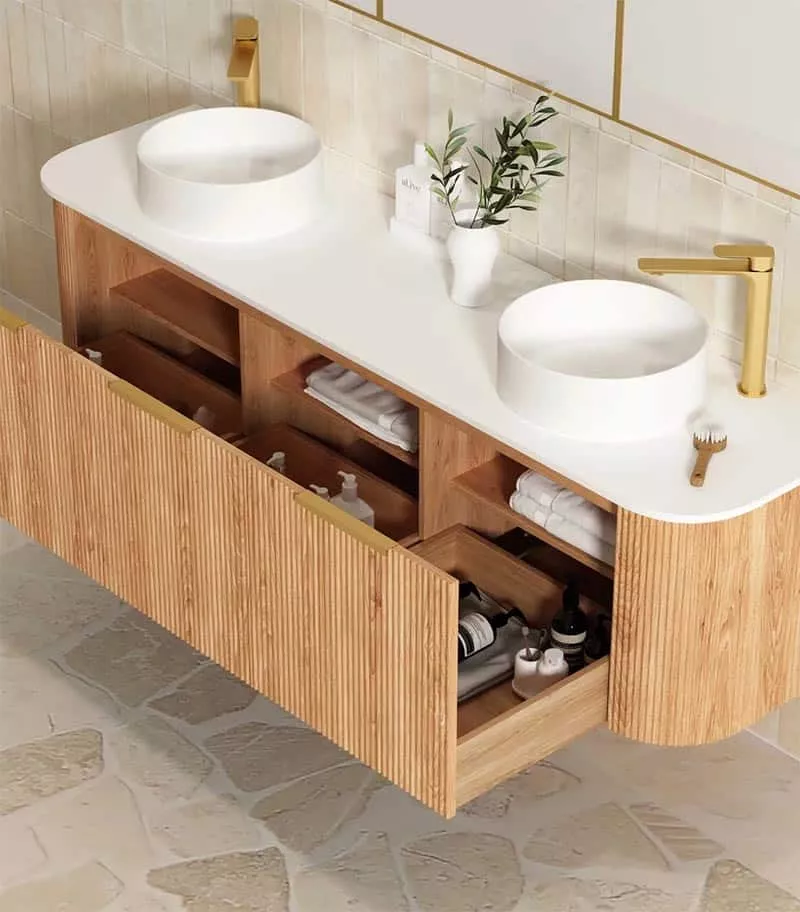 Bondi Woodland Oak 1800mm Double Bowls Plywood Wall Hung Vanity Interior