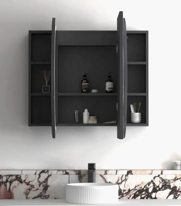 Bondi LED Shaving Cabinet - Black Oak Interior Front Open