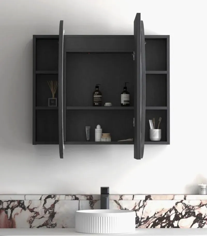 Bondi LED Shaving Cabinet - Black Oak Interior Front Open