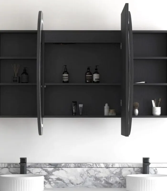 Bondi LED Shaving Cabinet - Black Oak Front Open