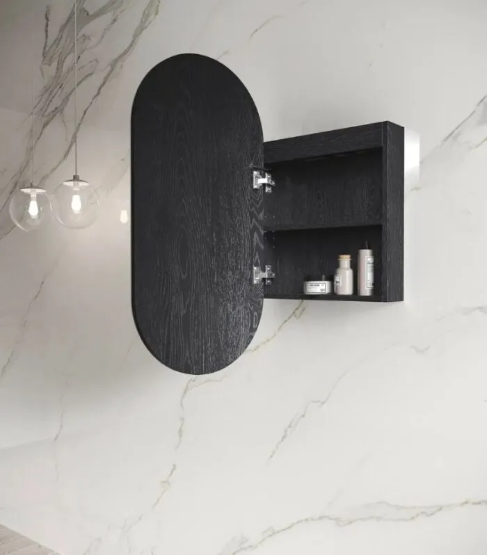 Noosa LED 450x900mm Shaving Cabinet - Black Oak Interior