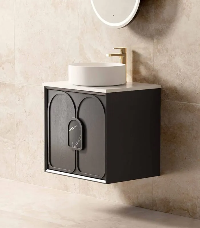 Laguna Black Oak 600mm Wall Hung Vanity Cabinet + Pure White Stone Top Side