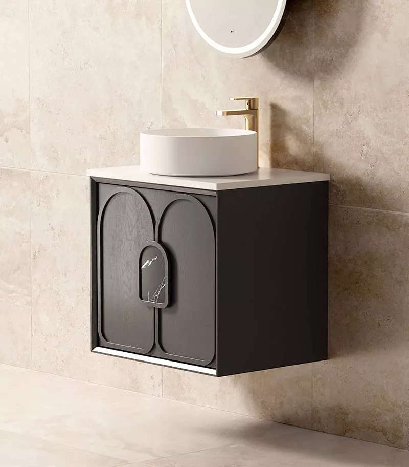 Laguna Black Oak 600mm Wall Hung Vanity Cabinet + Pure White Stone Top Side