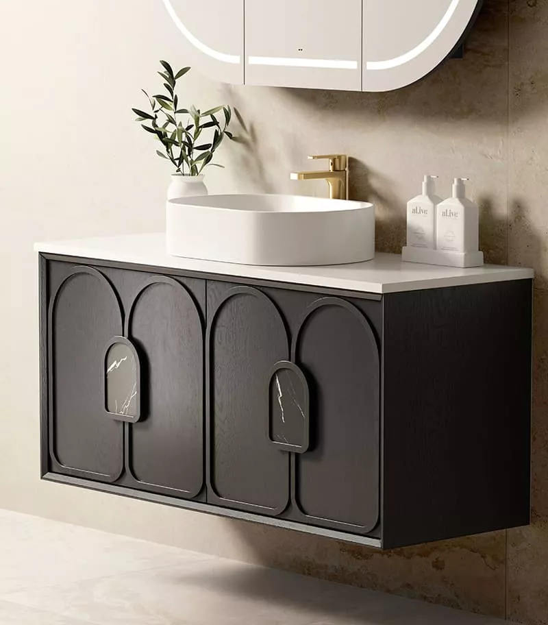Laguna Black Oak 1200mm Wall Hung Vanity Cabinet Pure White Stone Top Drawer Sideview