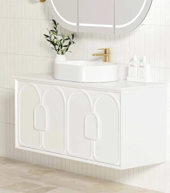Laguna Satin White 1200mm Wall Hung Vanity Cabinet Pure White Stone Top Drawer Sideview