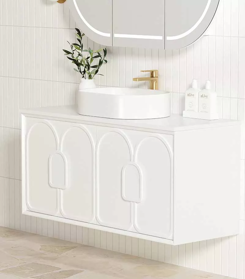 Laguna Satin White 1200mm Wall Hung Vanity Cabinet Pure White Stone Top Drawer Sideview