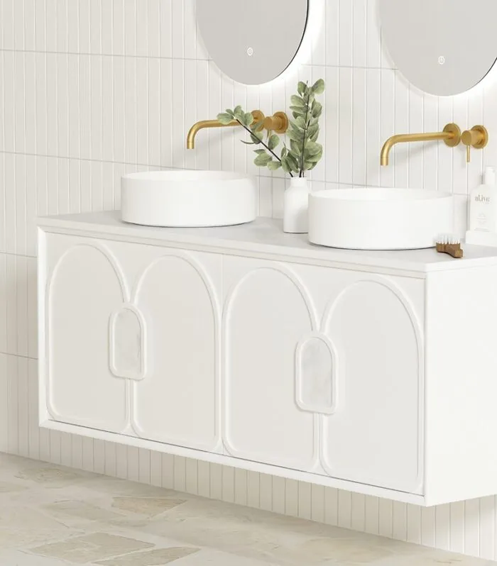 Laguna Satin White 1500mm Wall Hung Vanity Cabinet Pure White Stone Top and Open Sideview