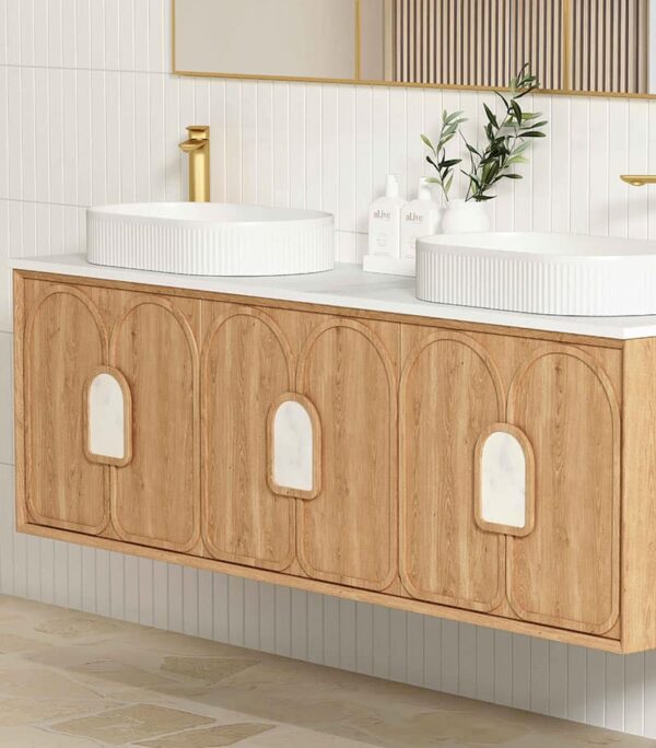 Laguna Natural American Oak 1800mm Wall Hung Vanity Cabinet Pure White Stone Top