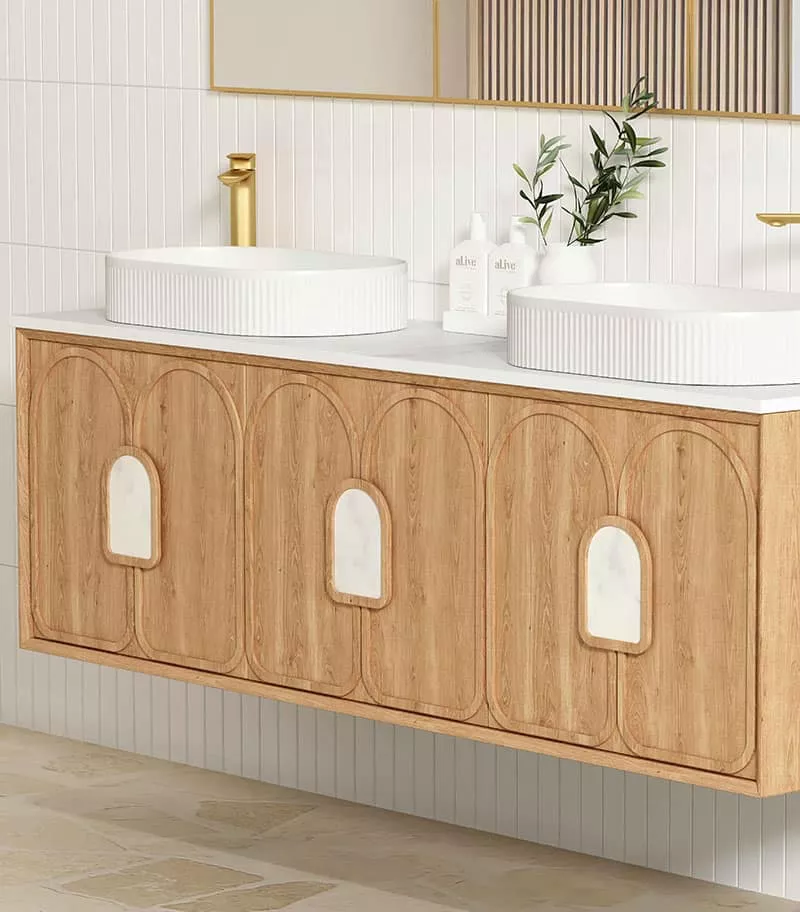 Laguna Natural American Oak 1800mm Wall Hung Vanity Cabinet Pure White Stone Top