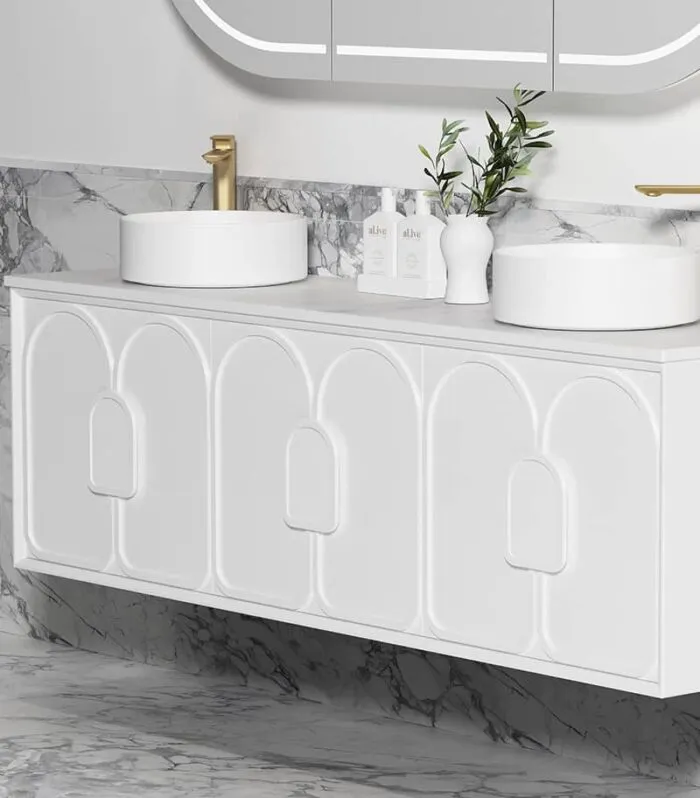 Laguna Satin White 1800mm Wall Hung Vanity Cabinet Pure White Stone Top