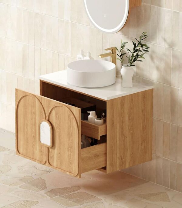 Laguna Natural American Oak 600mm Wall Hung Vanity Cabinet - Drawer Open View