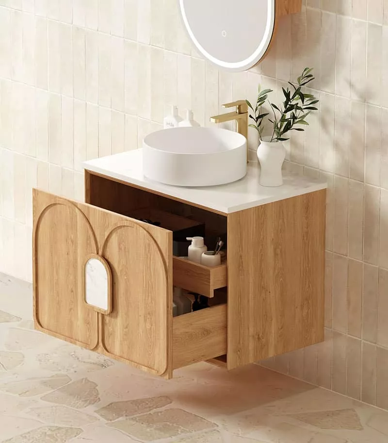 Laguna Natural American Oak 600mm Wall Hung Vanity Cabinet - Drawer Open View