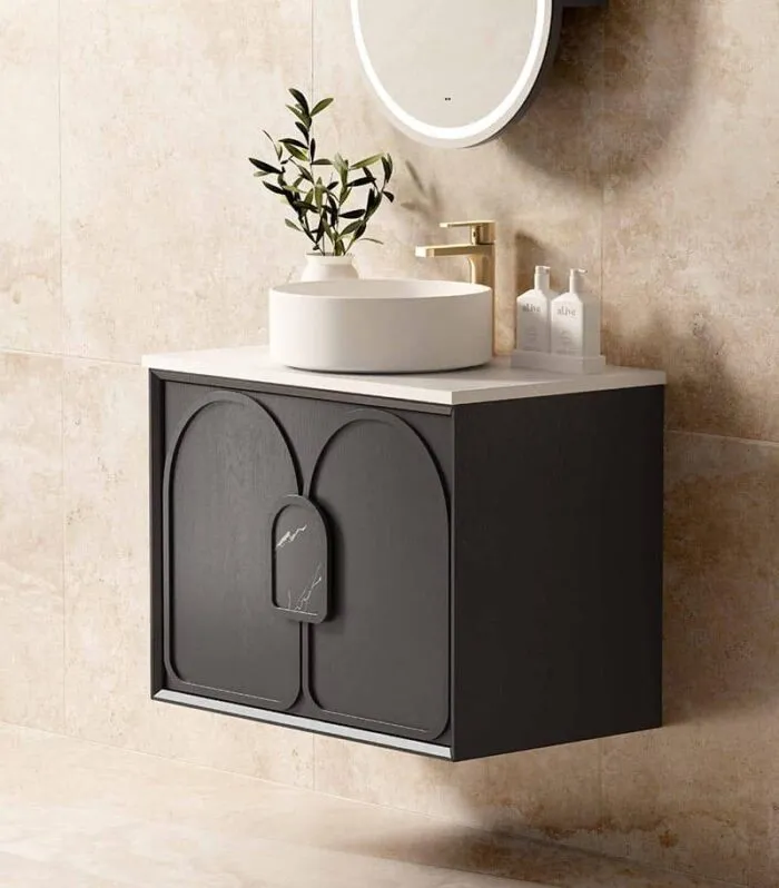 Laguna Black Oak 750mm Wall Hung Vanity Cabinet Pure White Stone Top