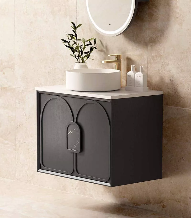Laguna Black Oak 750mm Wall Hung Vanity Cabinet Pure White Stone Top