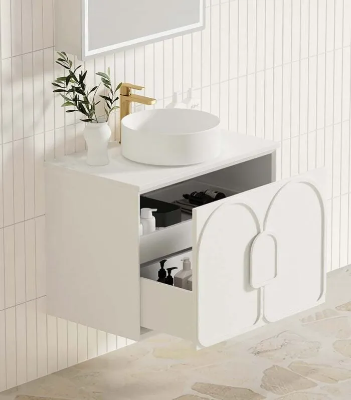 Laguna Satine White 750mm Wall Hung Vanity Cabinet Open Door