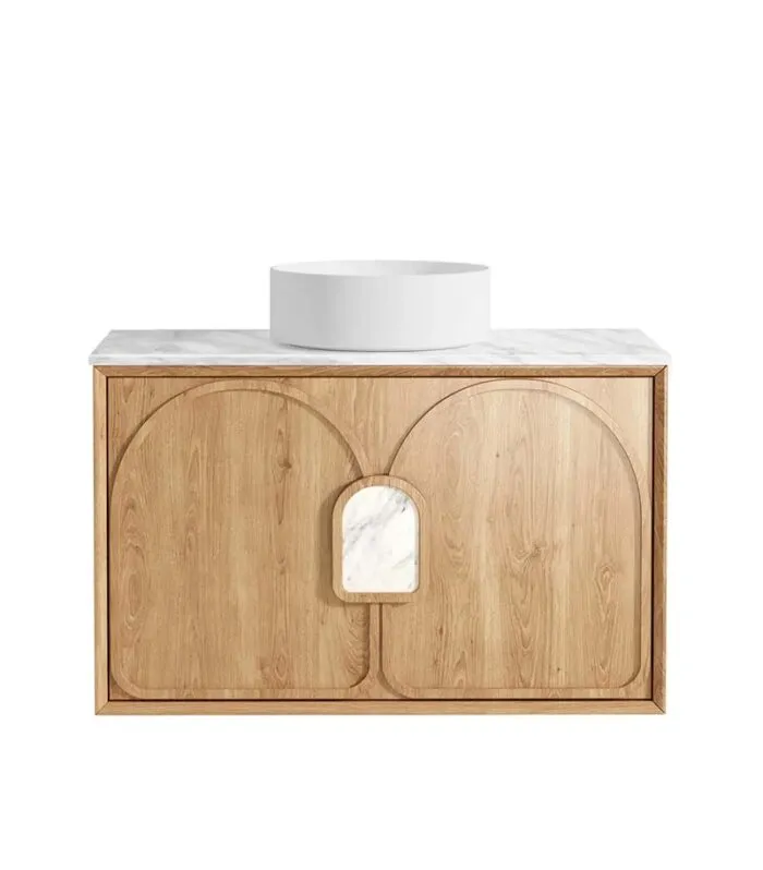 Laguna Natural American Oak 900mm Wall Hung Vanity Cabinet Carrara Marble Top