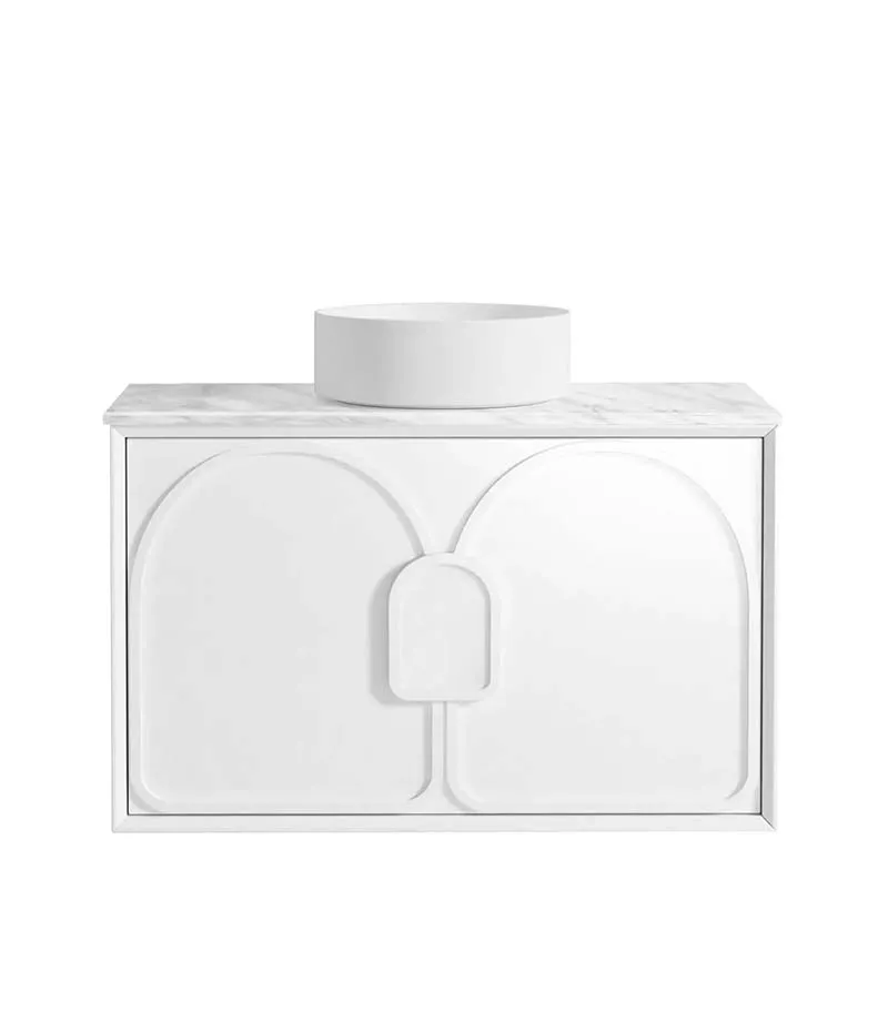 Laguna Satin White 900mm Wall Hung Vanity Cabinet Carrara Marble Top