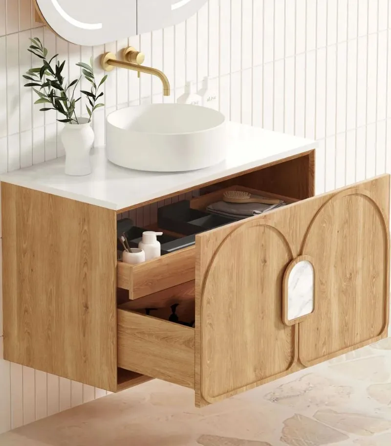 Laguna 900mm Wall Hung Vanity - Woodland Oak | Open Drawers look