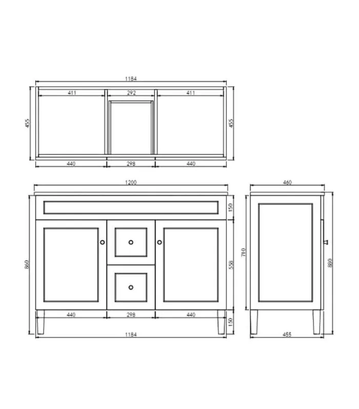 Harrington 1200mm Freestanding Vanity | Middle Drawers - Matt White Specification