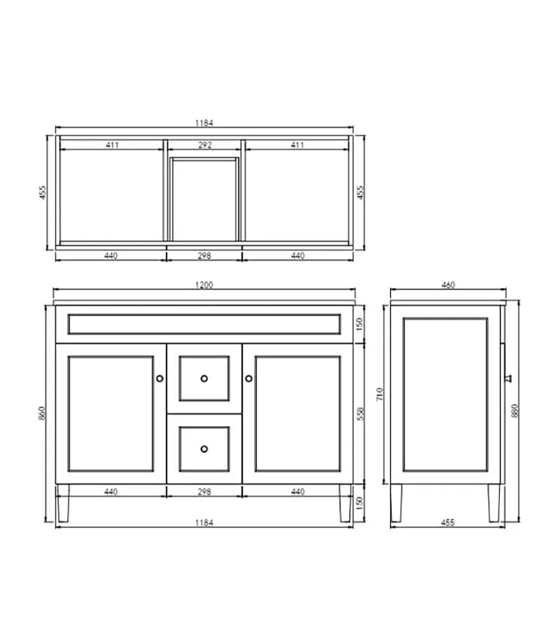 Harrington 1200mm Freestanding Vanity | Middle Drawers - Matt White Specification