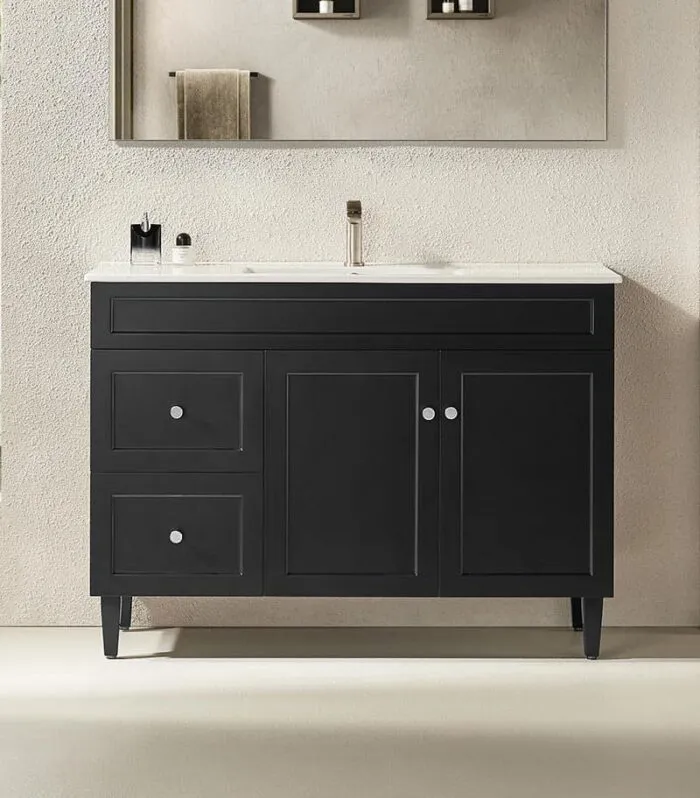 Harrington Matt Black 1200mm Single Bowl PVC Freestanding Vanity With Ceramic Top LH Drawers