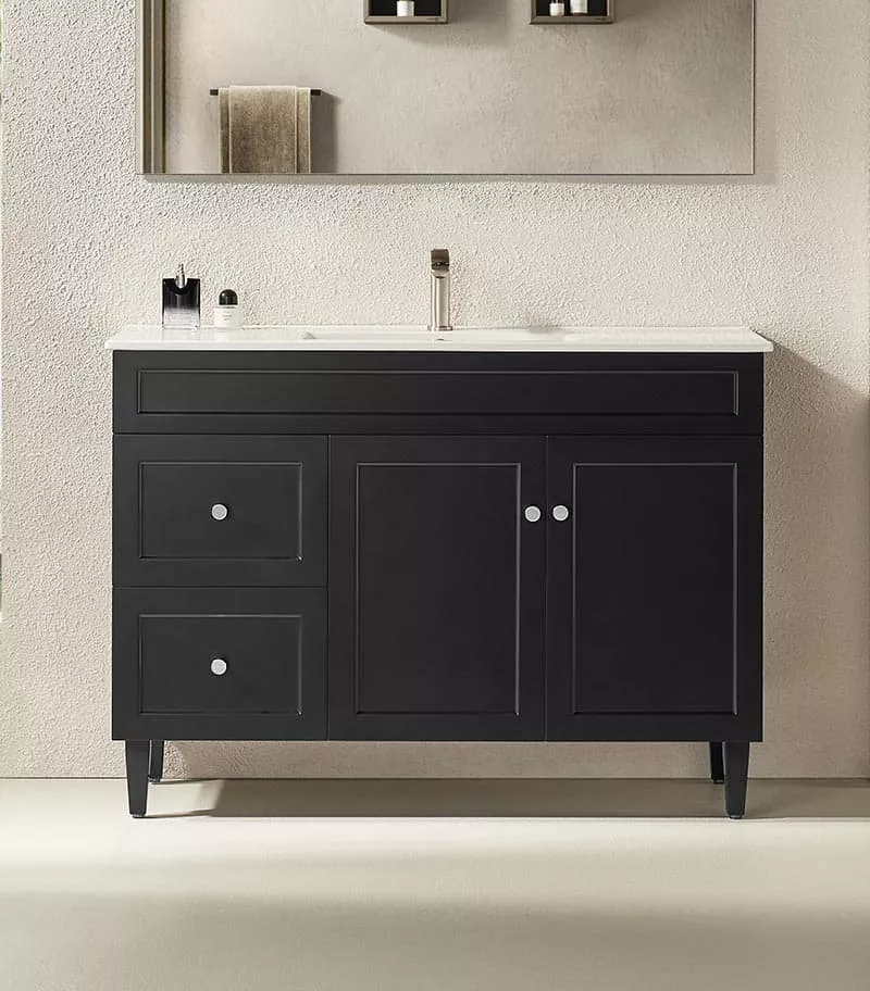 Harrington Matt Black 1200mm Single Bowl PVC Freestanding Vanity With Ceramic Top LH Drawers