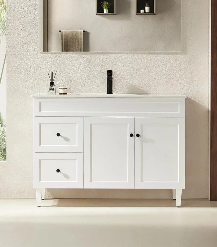Harrington Matt White 1200mm Single Bowl PVC Freestanding Vanity Ceramic Top LH Drawers