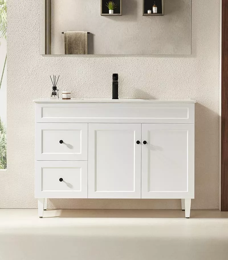 Harrington Matt White 1200mm Single Bowl PVC Freestanding Vanity Ceramic Top LH Drawers