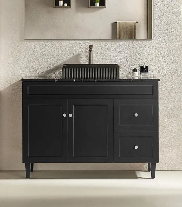 Harrington Matt Black 1200mm Single Bowl PVC Freestanding Vanity With Marble Stone Top RH Drawers