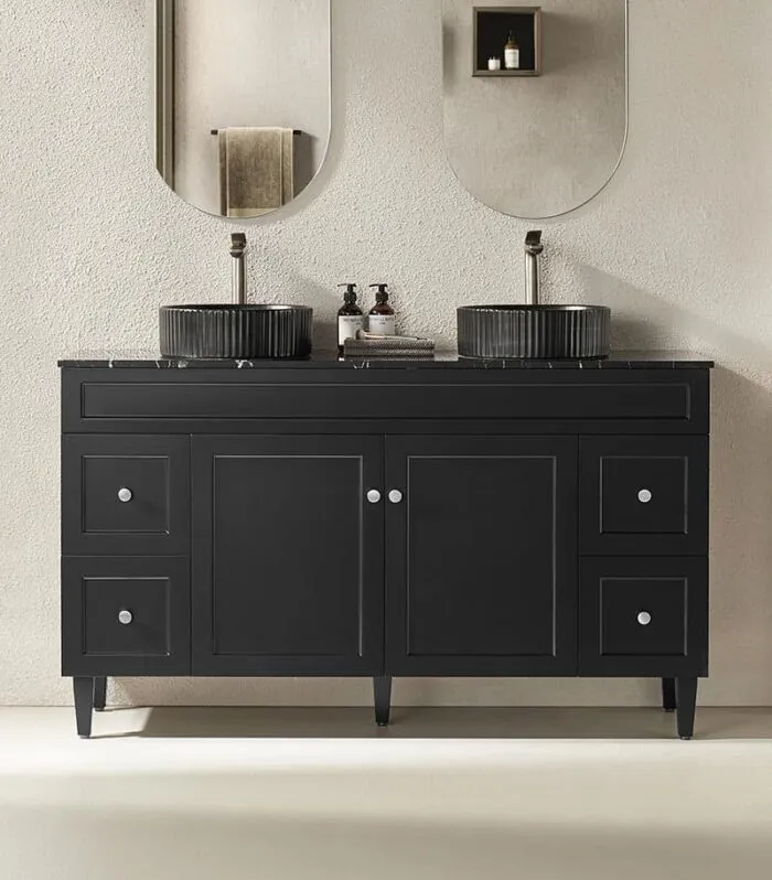 Harrington Matt Black 1500mm Double Bowls PVC Freestanding Vanity With Marble Stone Top