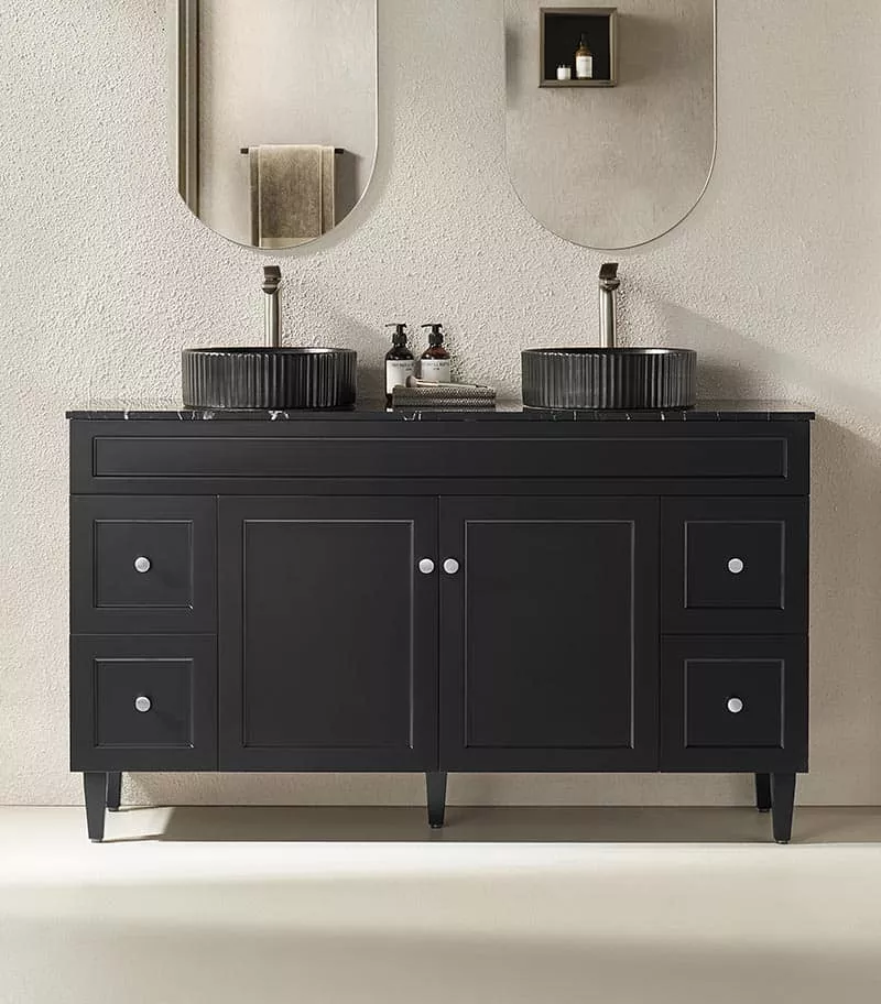 Harrington Matt Black 1500mm Double Bowls PVC Freestanding Vanity With Marble Stone Top