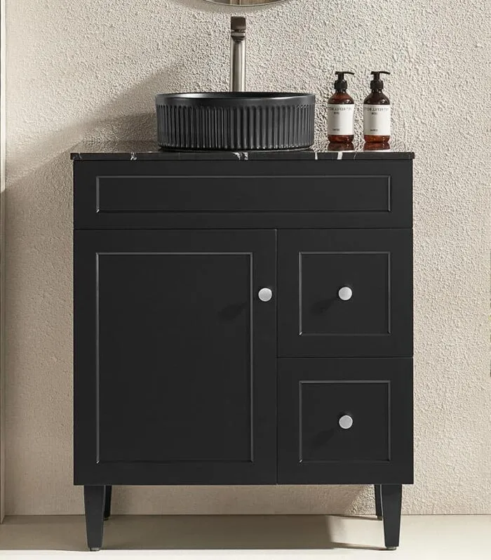 Harrington Matt Black 750mm PVC Freestanding Vanity Marble Stone Top RH Drawers