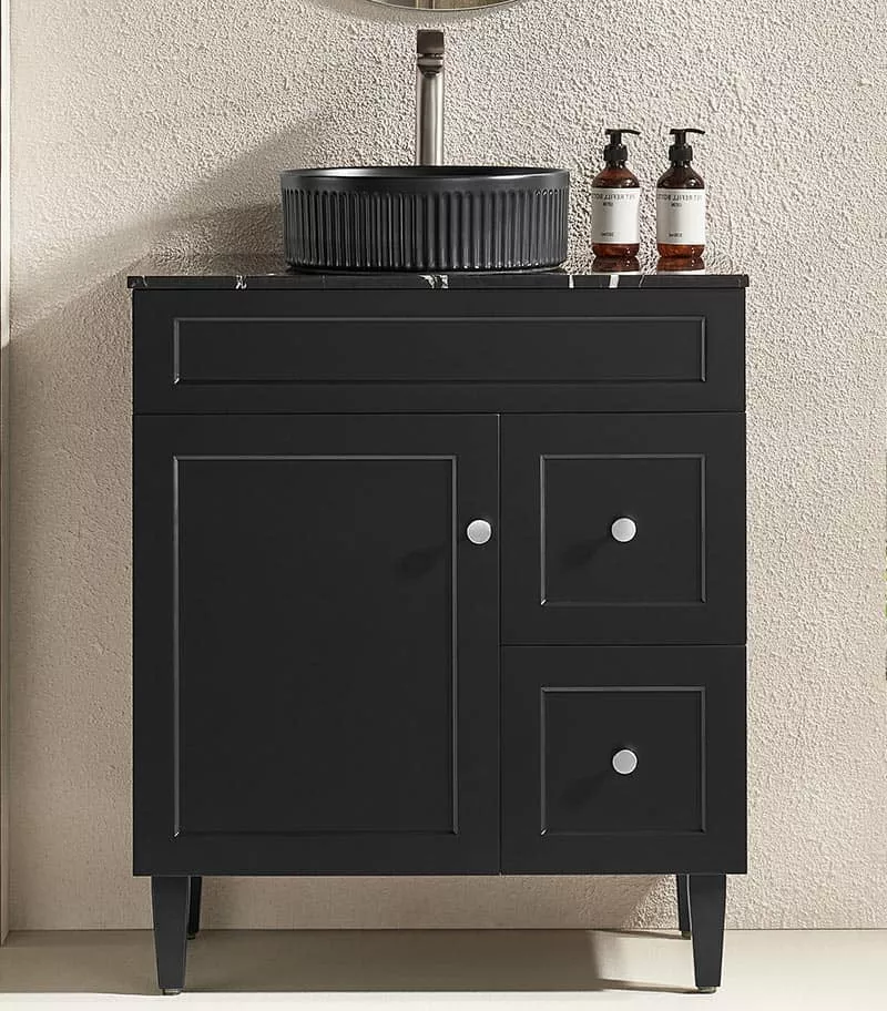 Harrington Matt Black 750mm PVC Freestanding Vanity Marble Stone Top RH Drawers