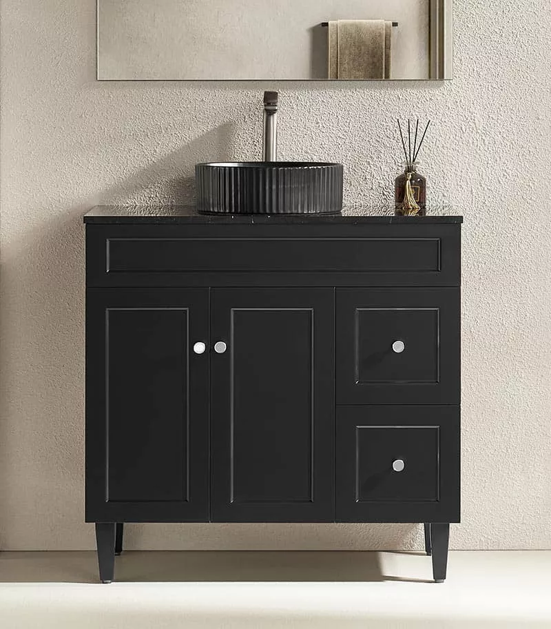 Harrington Matt Black 900mm PVC Freestanding Vanity With Marble Stone Top RH Drawers