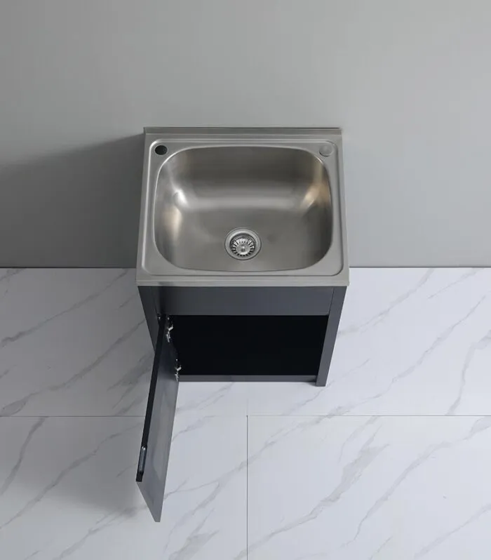 Matt Black PVC Laundry Tub With Stainless Steel Sink - Top View LH Hinge