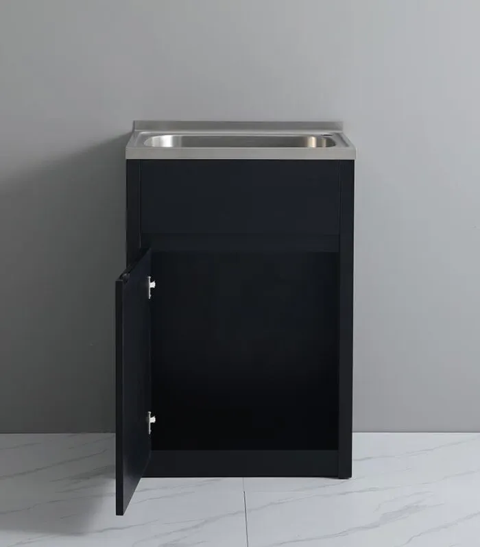 Matt Black PVC Laundry Tub With Stainless Steel Sink - Interior View LH Hinge