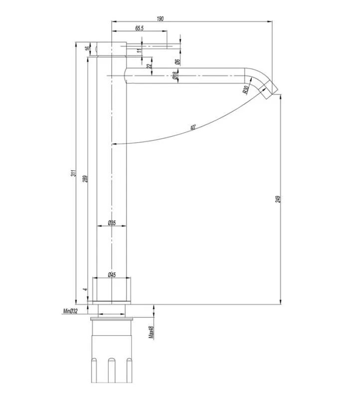Elle 316 Stainless Steel High-rise Basin Mixer - Specification