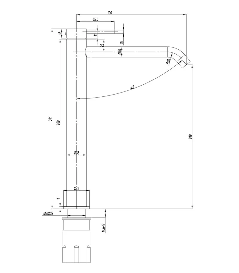 Elle 316 Stainless Steel High-rise Basin Mixer - Specification