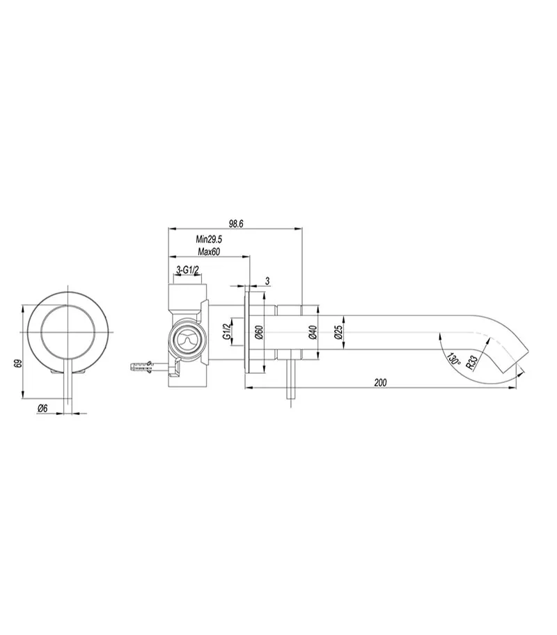 Elle 316 Stainless Steel Wall Outlet Mixer Specification