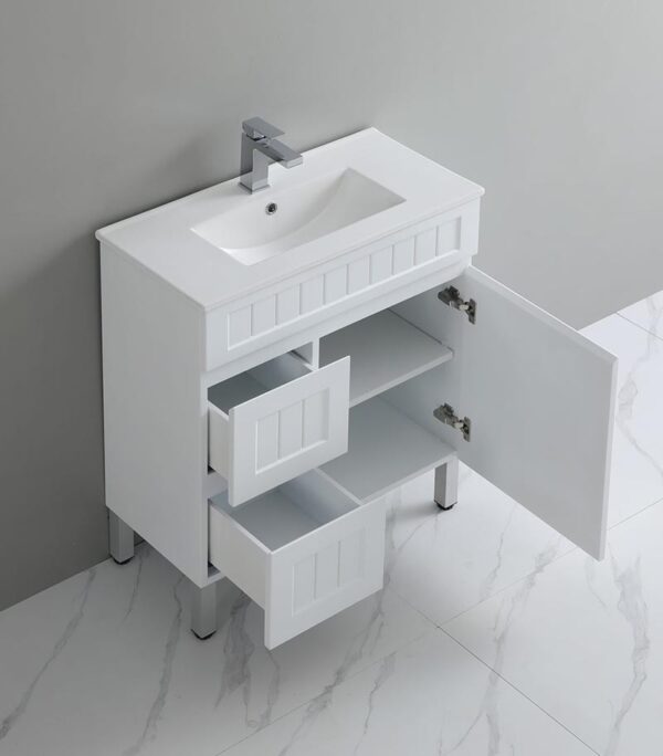Acacia Shaker 750mm Narrow Freestanding Vanity - Matt White Open Door