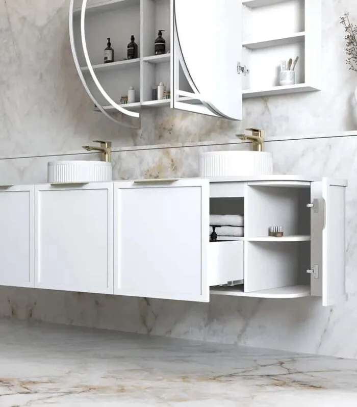 Hampshire 1800mm Wall Hung Vanity - Satin White Open Door