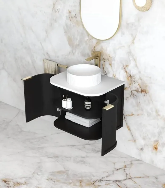 Hampshire 600mm Wall Hung Vanity – Satin Black Open Door
