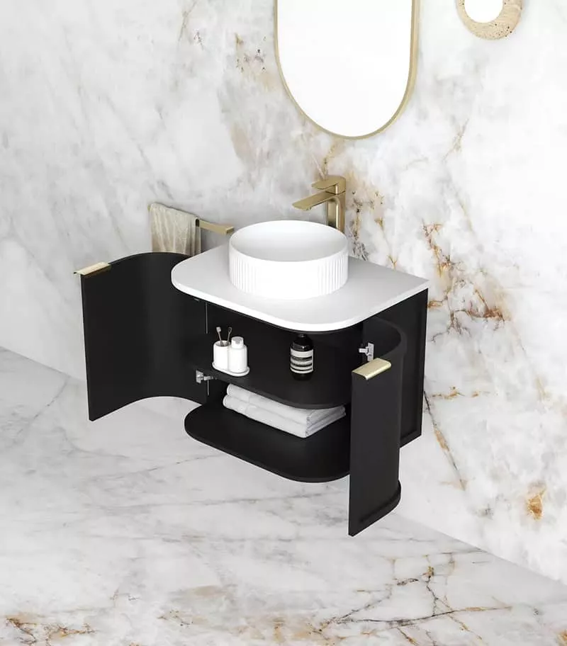 Hampshire 600mm Wall Hung Vanity – Satin Black Open Door