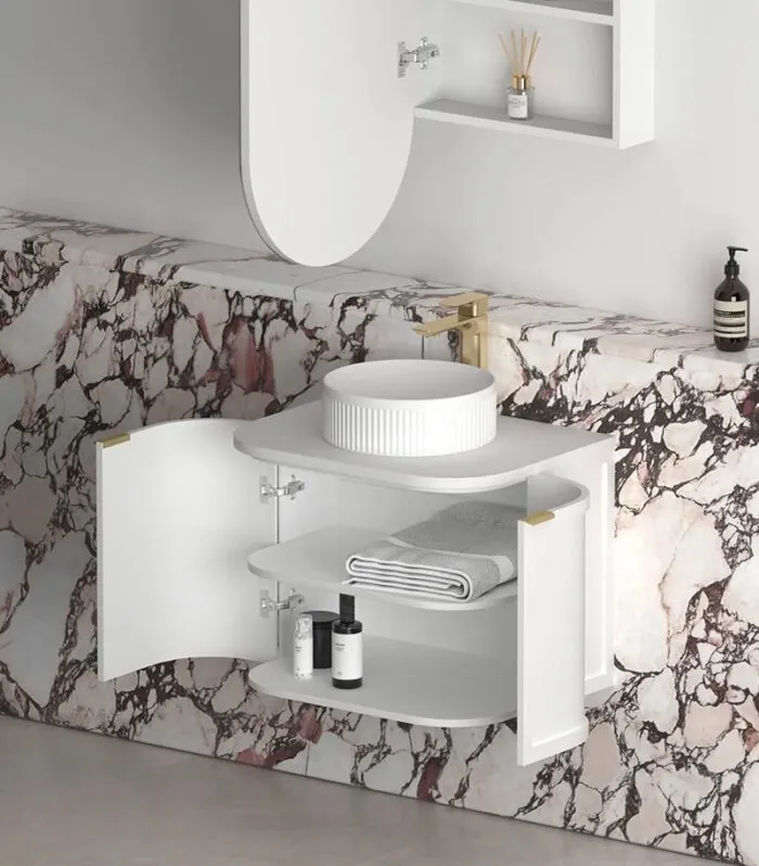 Hampshire 600mm Wall Hung Vanity – Satin White Open Door