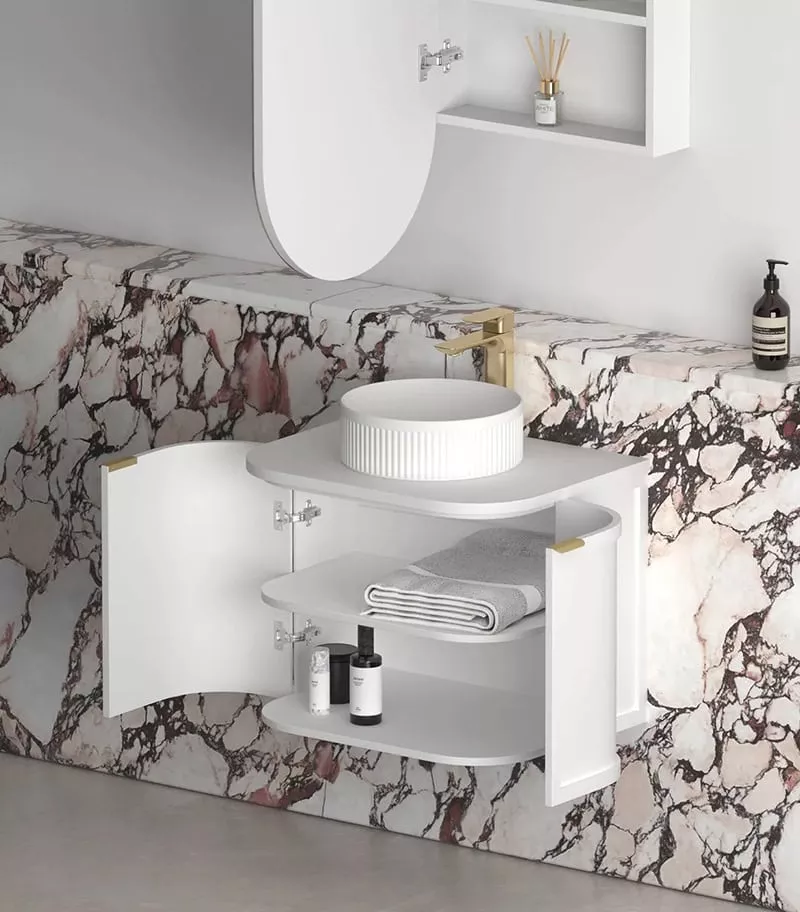 Hampshire 600mm Wall Hung Vanity – Satin White Open Door