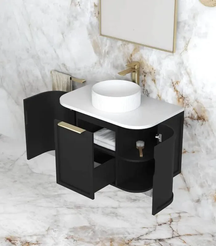 Hampshire 750mm Wall Hung Vanity – Satin Black Open Door