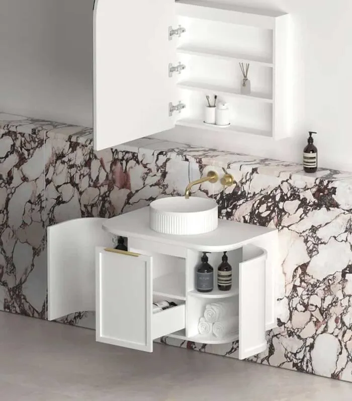 Hampshire 750mm Wall Hung Vanity - Satin White Open Door